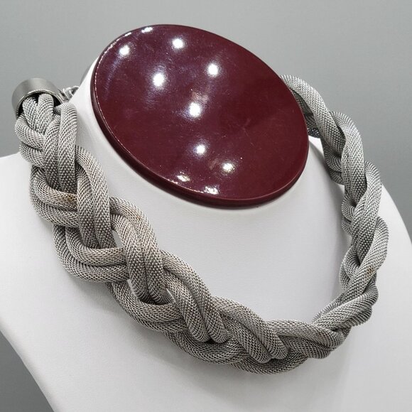 Chunky Mesh Braided Twisted Choker Necklace Silver Tone Metal 14" Length - Picture 3 of 7
